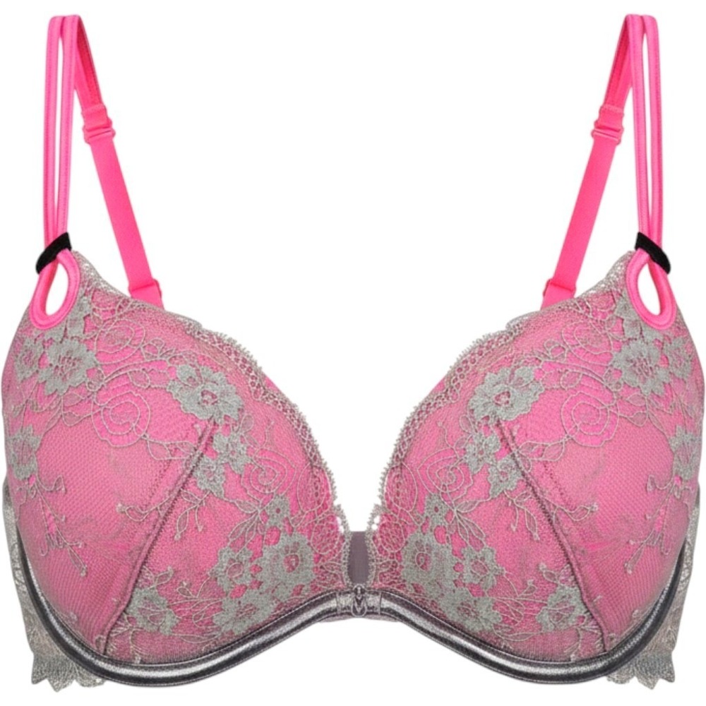 Victoria Secret Sexy Little Things Push Up Pink Gray Padded Lace Overlay Bra 34C